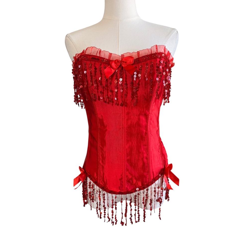 H&R London Red Sequin Fringe Corset Top Lace Up Burlesque Costume Size 12